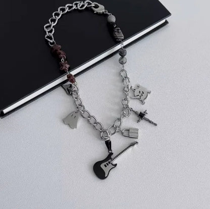 Cyberpunk guitar pendant necklace,  silver chunky chain choker, adorned with cross and locks in a multi-element design.unisex choker.