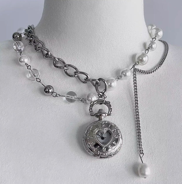 Vintage Punk Silver Pocket Watch Necklace, Double-layer Pearl Necklace，chunky chain choker，Y2Kchoker，Exquisite and perfect gift,Unisexchoker