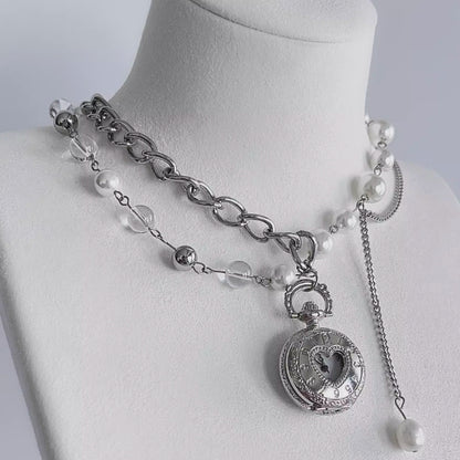 Vintage Punk Silver Pocket Watch Necklace, Double-layer Pearl Necklace，chunky chain choker，Y2Kchoker，Exquisite and perfect gift,Unisexchoker
