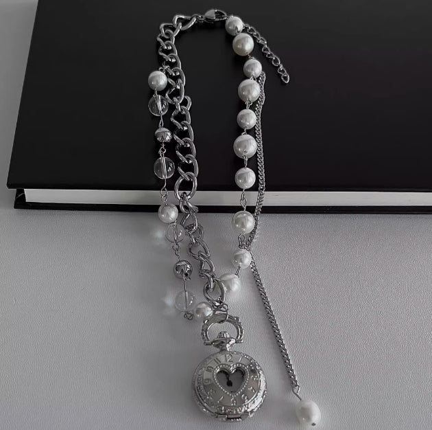 Vintage Punk Silver Pocket Watch Necklace, Double-layer Pearl Necklace，chunky chain choker，Y2Kchoker，Exquisite and perfect gift,Unisexchoker