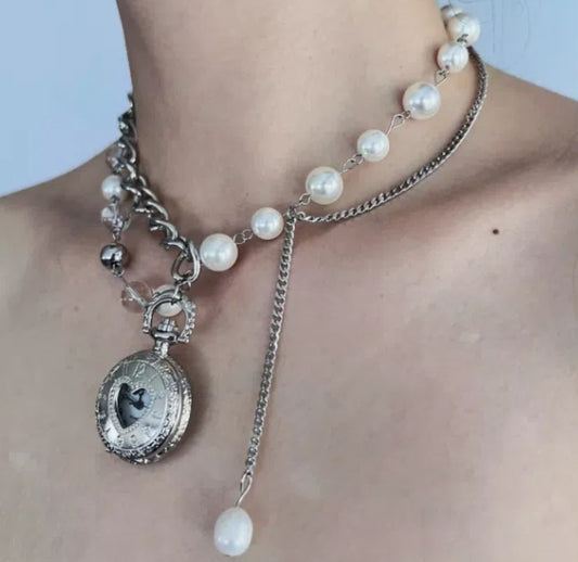 Vintage Punk Silver Pocket Watch Necklace, Double-layer Pearl Necklace，chunky chain choker，Y2Kchoker，Exquisite and perfect gift,Unisexchoker