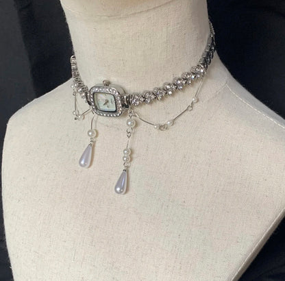 Glittering Rhinestone Watch Choker Water Drop Pearl Beaded Necklace Fashion Silver Chain
