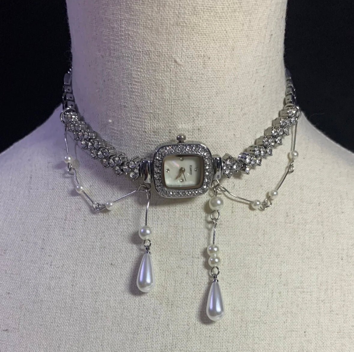 Glittering Rhinestone Watch Choker Water Drop Pearl Beaded Necklace Fashion Silver Chain