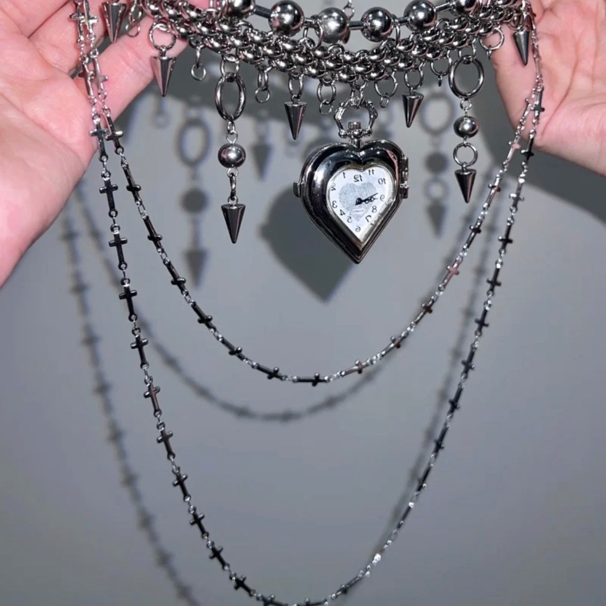 Chunky Gothic Heart Shape Watch Choker Layered Beaded Necklaces Y2K Grunge Punk Chain