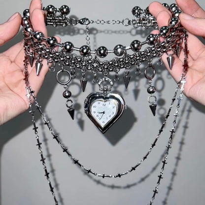 Chunky Gothic Heart Shape Watch Choker Layered Beaded Necklaces Y2K Grunge Punk Chain