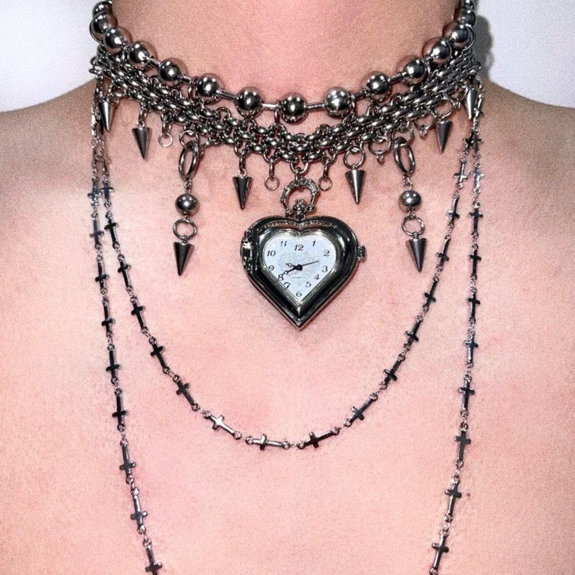 Chunky Gothic Heart Shape Watch Choker Layered Beaded Necklaces Y2K Grunge Punk Chain