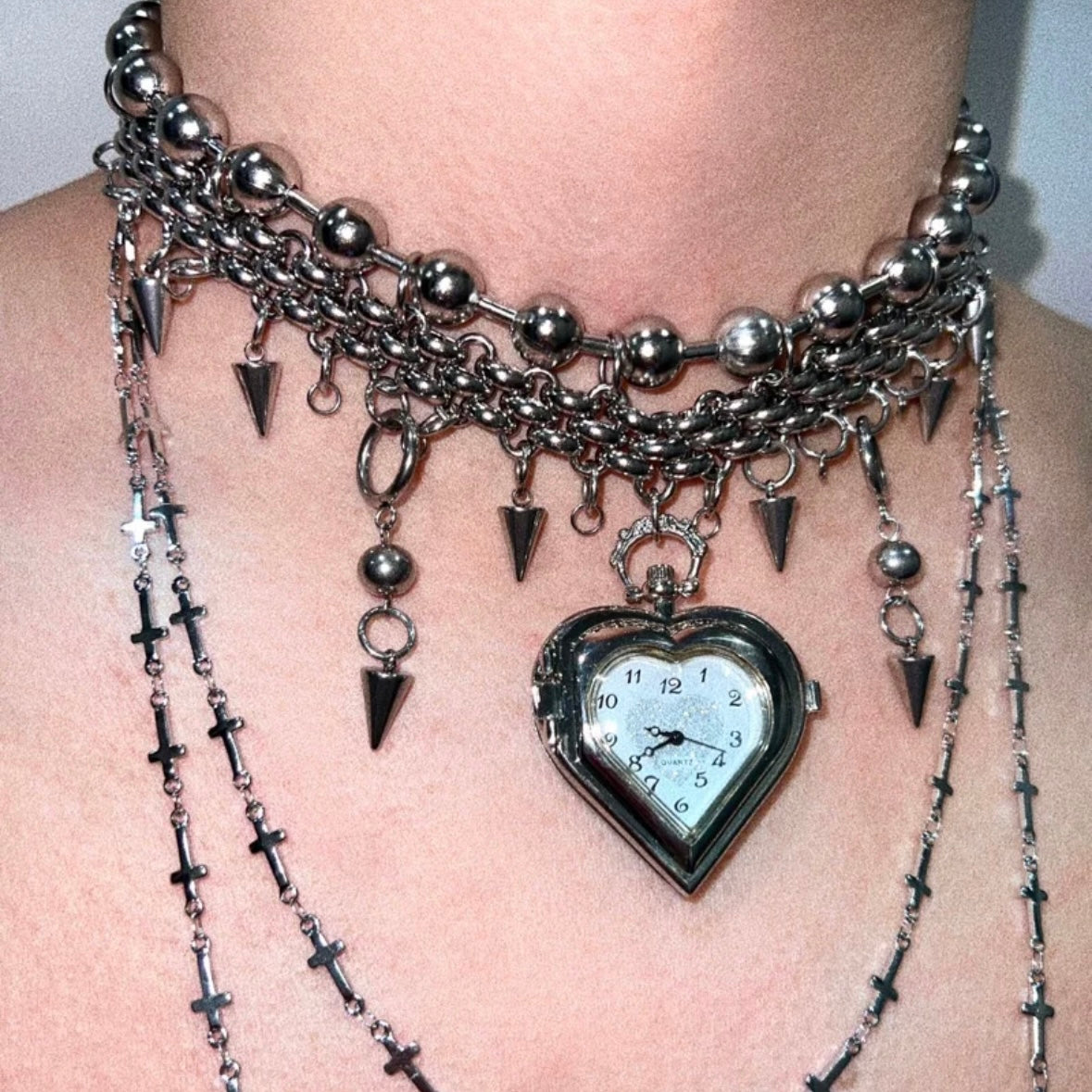 Chunky Gothic Heart Shape Watch Choker Layered Beaded Necklaces Y2K Grunge Punk Chain
