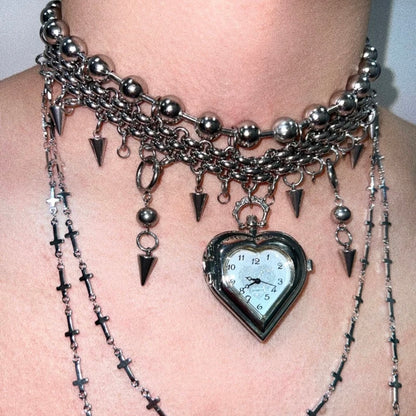 Chunky Gothic Heart Shape Watch Choker Layered Beaded Necklaces Y2K Grunge Punk Chain