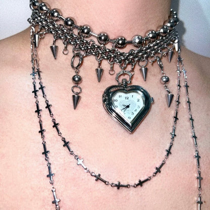 Chunky Gothic Heart Shape Watch Choker Layered Beaded Necklaces Y2K Grunge Punk Chain