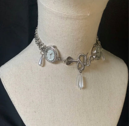 Dual Watch Snake Choker Serpent Statement Water Drop Pearl Beaded Punk Necklace Vintage Jewelry