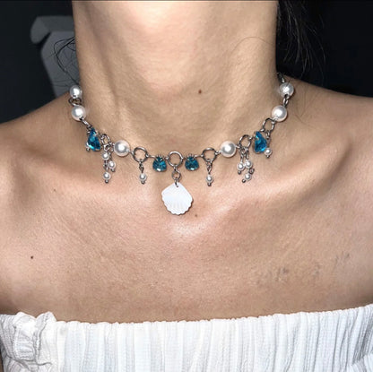 White Pearl Beaded Blue Rhinestone Shell Pendant Choker Fashion Trendy Necklace Silver Loop Chain