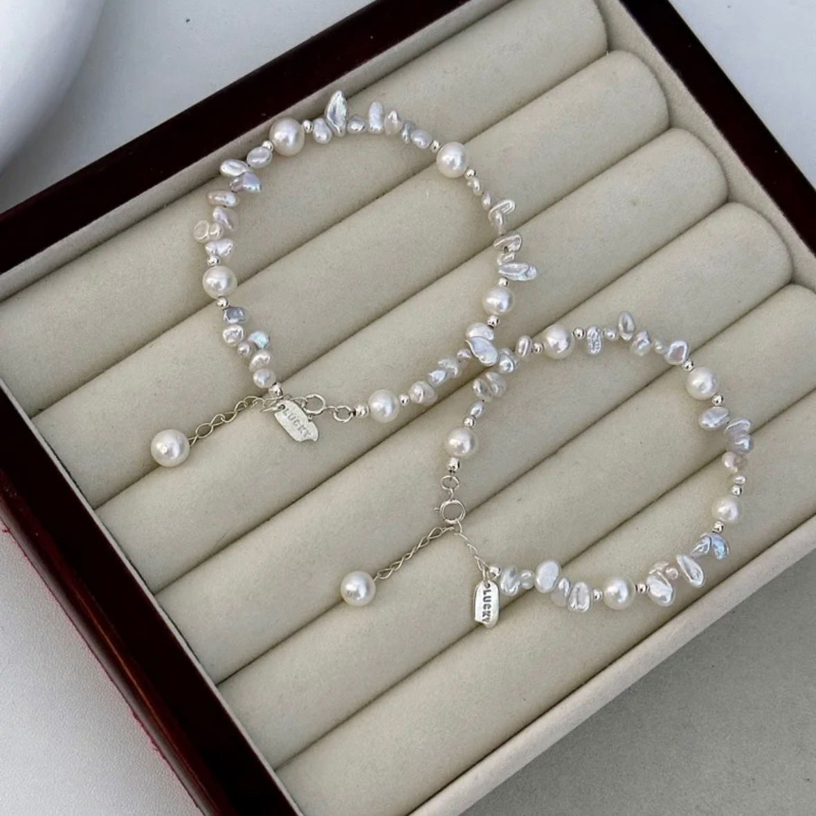 Handmade Freshwater Cultured Pearls White Beaded Bracelet Chain Dainty Vintage Jewelry