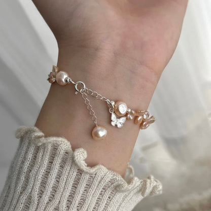 Baroque Floral Petal Pearls  Bracelet with Butterfly Pendant Champagne Rose Color Handmade Jewelry