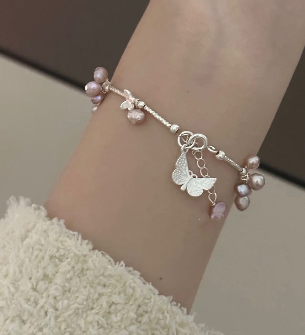 Baroque Freshwater Cultured Pearl Bead Bracelet Butterfly Pendant  Jewelry  Adjustable Silver Chain