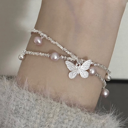 Freshwater  Pearl Bracelet with Butterfly Pendant, Sterling Silver Adjustable Layered Chain Charm Jewelry