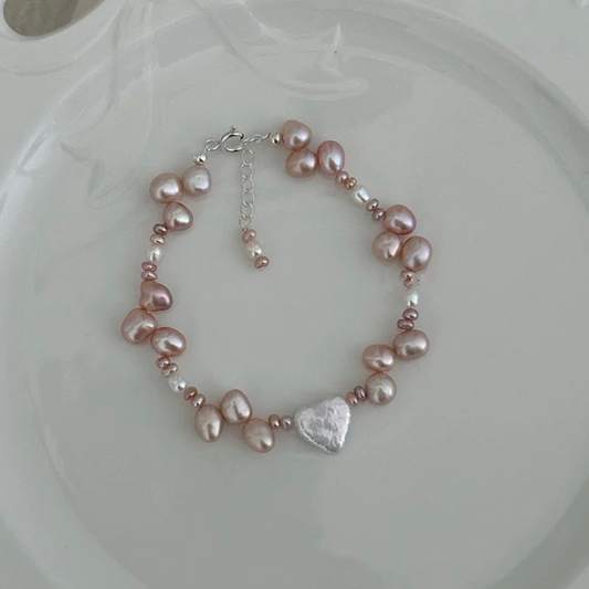 Heart Shape Baroque Pearl Bracelet Cute Lovely Adorable Charm Silver Chain Jewe;ry for Women Girls