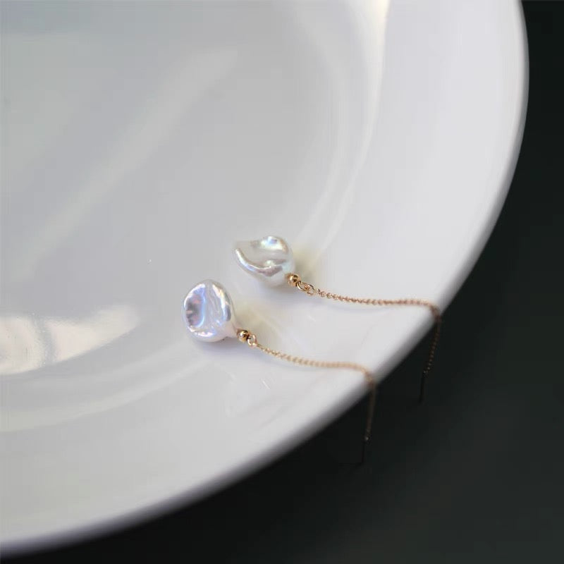 Floral Pedal Flower Pearl Dangle Earrings Long Wire Dainty Tassel Drop 14K Gold Earring Trendy Fashion Jewelry