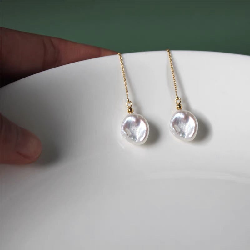 Floral Pedal Flower Pearl Dangle Earrings Long Wire Dainty Tassel Drop 14K Gold Earring Trendy Fashion Jewelry