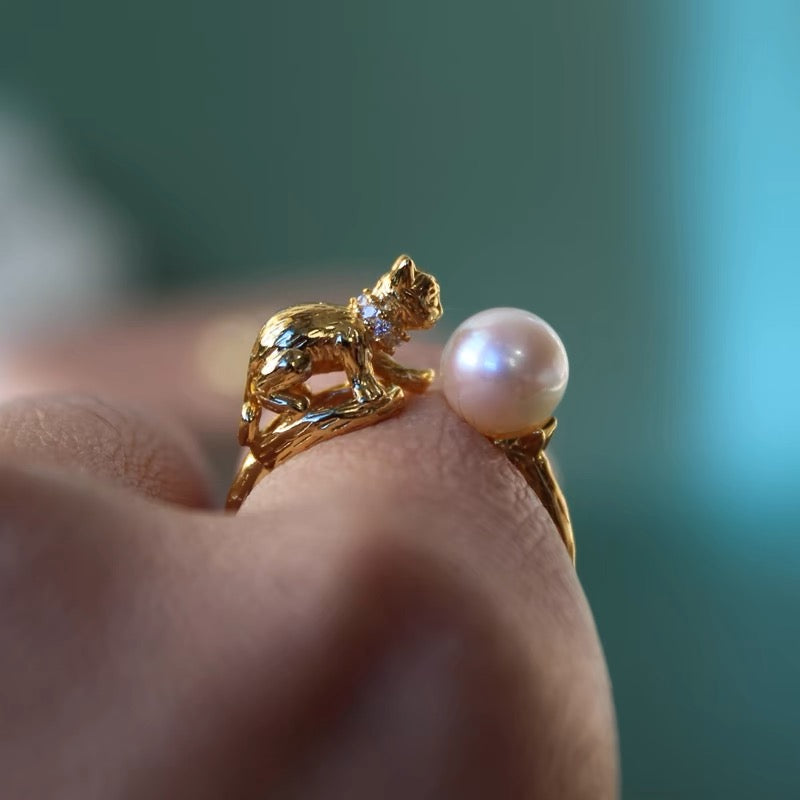 Cute Kitten Cat Pearl Ring Lovely Adorable Open Adjustable Gold Plated 925 Silver Ring Charm Sterling Jewelry
