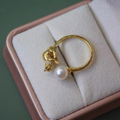 Cute Kitten Cat Pearl Ring Lovely Adorable Open Adjustable Gold Plated 925 Silver Ring Charm Sterling Jewelry