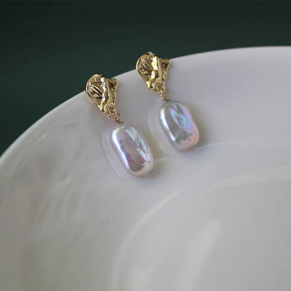 14K Gold Plated Baroque Natural Pearl Drop Earrings Hooks Charm Fahsion Trendy Vintage Jewelry