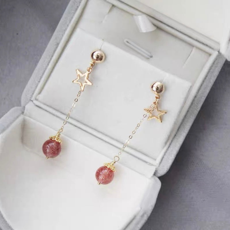 Pink Crystal Round Ball Stud Earrings Sterling Star Pendant Long Drop Tassel Charm Trendy Earrings