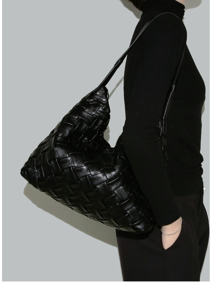 Soft Leather Woven Tote, Large Capacity Hobo Bucket Bag, Premium Satchel with Child Bag