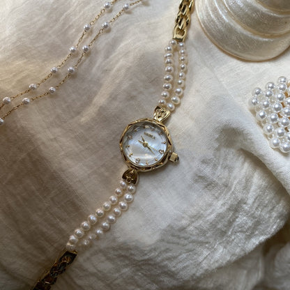 Vintage Pearl Chain Watch, Natural Pearls, Mother-of-Pearl Dial, Retro Quartz Watch for Women
