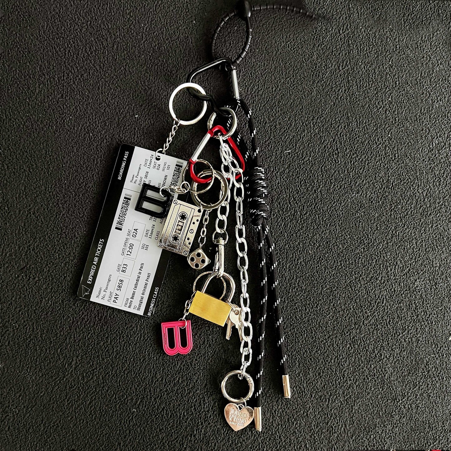 Y2K maximalist bag charm, camera, cassette woven rope keychain