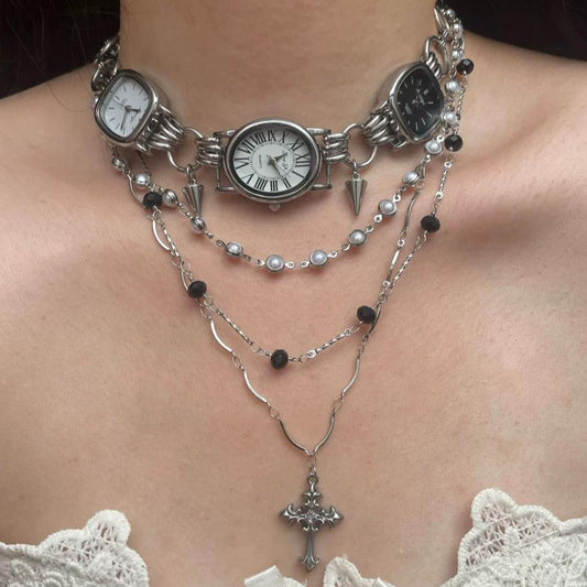 Punk Silver Black Watch Necklace, 3 Clock Spike Silver Chain Choker