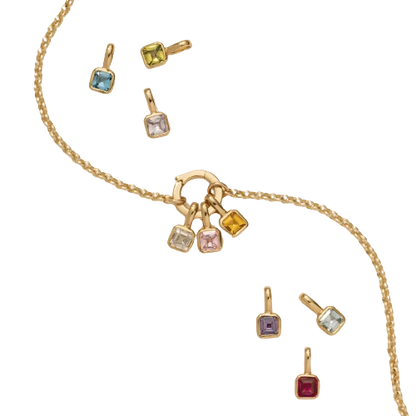 Zodiac Birthstone Necklace, Round Pendant with Colored Zirconia, Copper and Zirconia, 14k Gold Plated