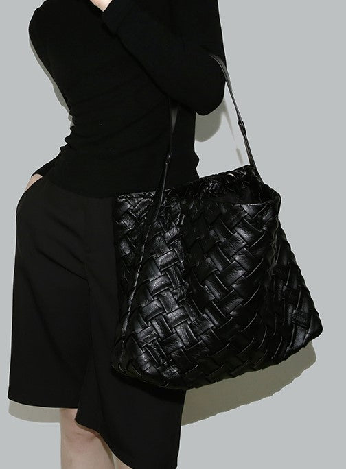 Soft Leather Woven Tote, Large Capacity Hobo Bucket Bag, Premium Satchel with Child Bag