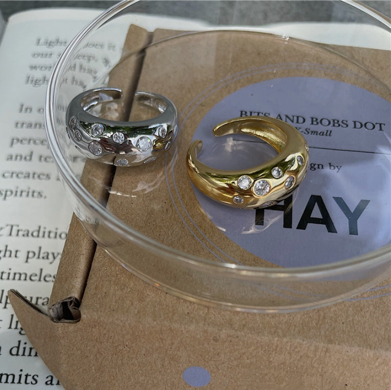 Gold-Plated Brass Open Ring, Crystal Pave, Circular Arc Design, Adjustable One Size