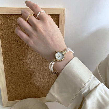 Vintage Pearl Chain Watch, Natural Pearls, Mother-of-Pearl Dial, Retro Quartz Watch for Women
