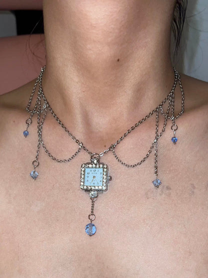Vintage Wire Weaving Watch Choker, Elegant Crystal Tassel Silver Chain, Y2K  Necklace, Stylish Layered Silver Chain Accessory.