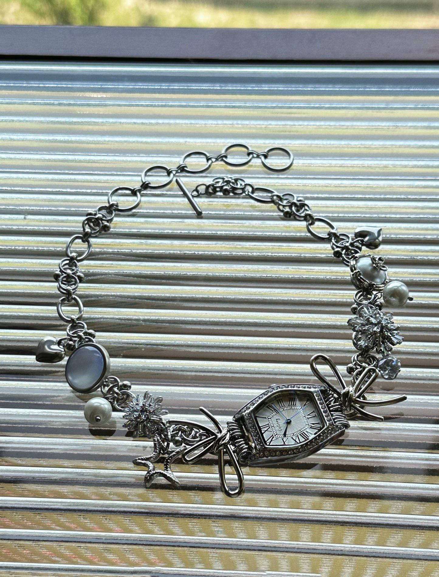 Vintage silver bow watch pendant choker, metallic Y2K necklace