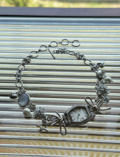 Vintage silver bow watch pendant choker, metallic Y2K necklace