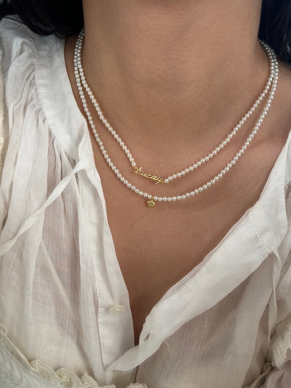 Rainbow Zirconia Sweet and Cool Pearl Necklace with Letter and Geometric Silver Pendants DIY Layered Choker  Description: