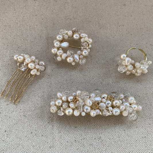 Vintage Bubble Resin Bead & Freshwater Pearl Cuff Bracelet with Hair Comb