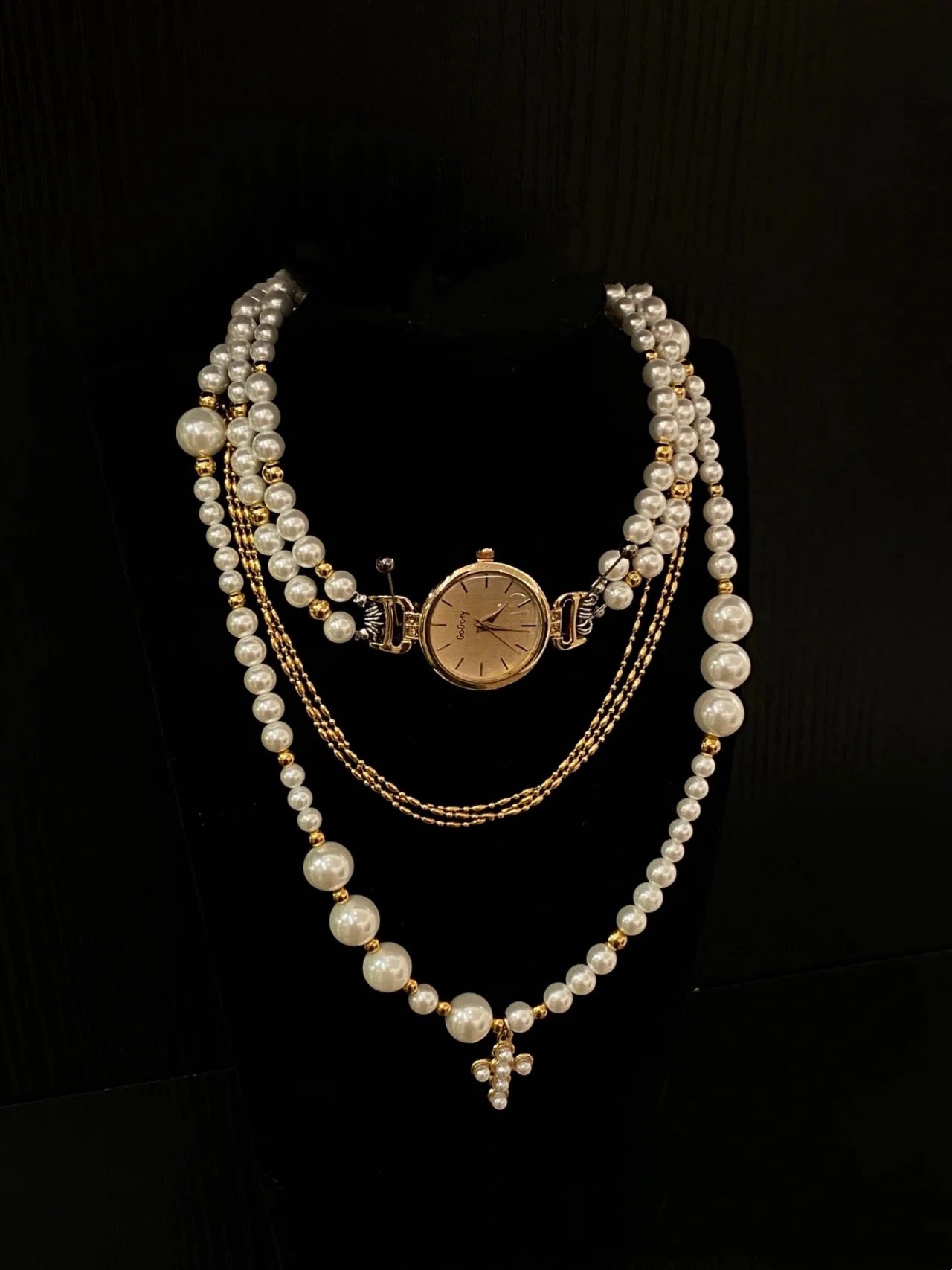 Elegant vintage watch pendant pearl choker, cross-pearl layered necklace