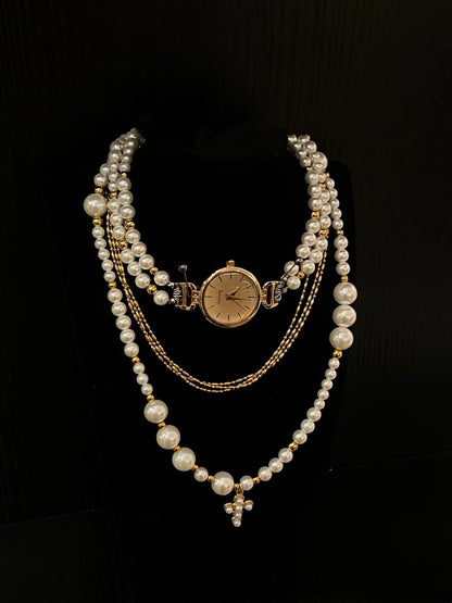Elegant vintage watch pendant pearl choker, cross-pearl layered necklace