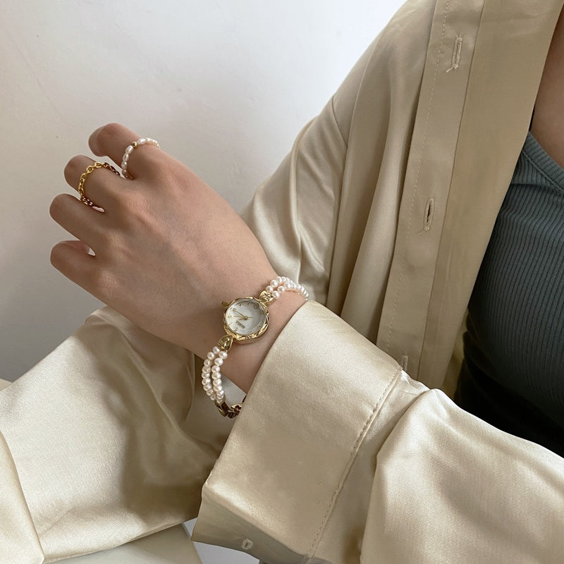 Vintage Pearl Chain Watch, Natural Pearls, Mother-of-Pearl Dial, Retro Quartz Watch for Women
