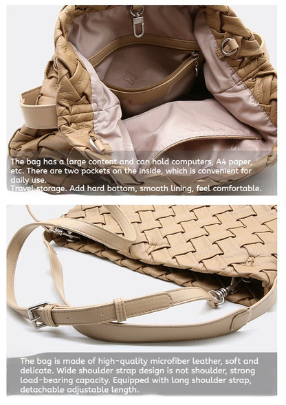 Soft Leather Woven Tote, Large Capacity Hobo Bucket Bag, Premium Satchel with Child Bag