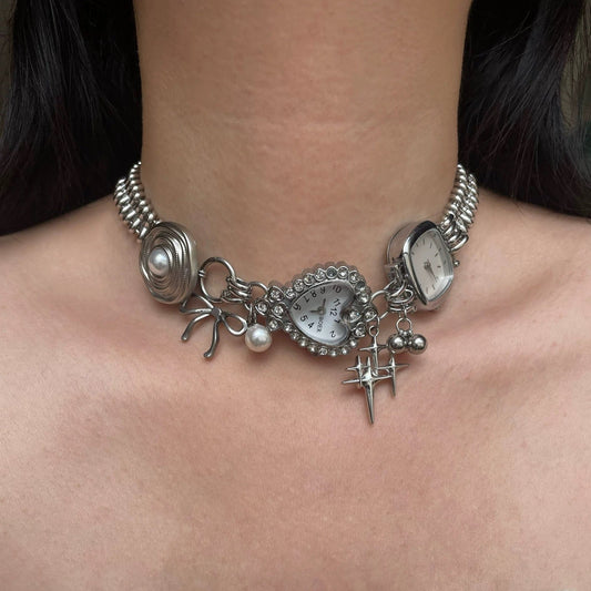 Vintage Silver Heart Watch Choker Necklace, Elegant Courtly Jewelry