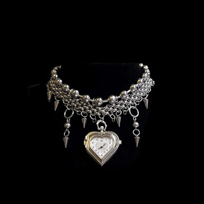Y2K Punk Heavy duty Heart Watch Pendant Necklace Multilayer Layered Choker Long Chain Pendant Necklace for Women Jewelry