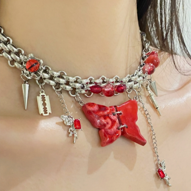 Cyber Punk Vintage Chunky Metal Chain Snake Necklace，Butterfly Pendant Choker,  Trendy Jewelry, Y2KAccessories, Perfect Unique Handmade Gift