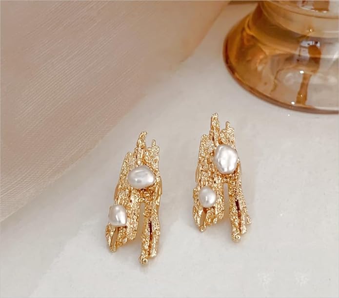 Natural Aurora Baroque Shaped Pearl Earrings Niche Textured Sterling Silver Earrings