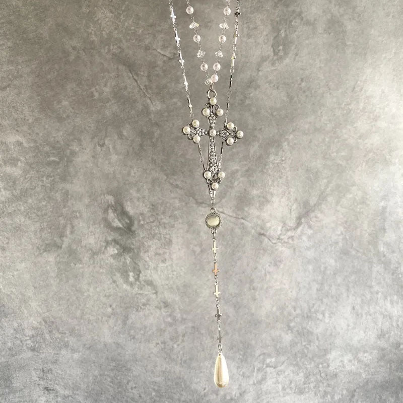 Y2k Cross double layered long necklace with cat's eyes and agate accents,Trendy Zircon Black Beads Necklace,Long Pendant Jewelry Necklaces,Cross Sexy Collarbone Multilayer Necklaces for Women