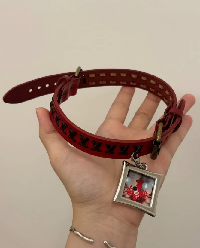 Cyber Punk Vintage Belt Square Choker, Red Leather Belt choker，Y2KAccessories, Perfect Unique Handmade Gift
