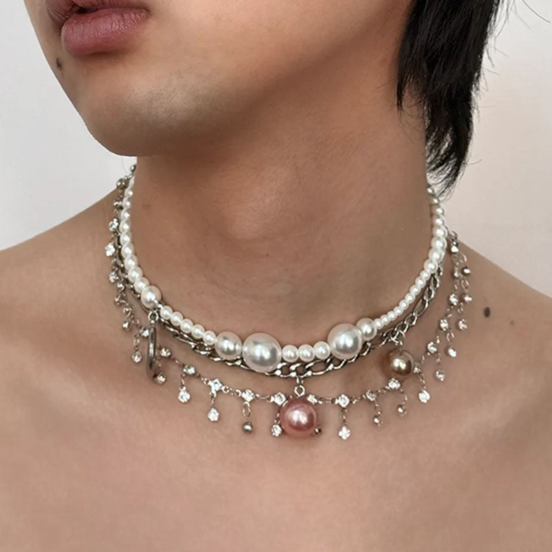 Gothic Layered Pearl Choker Retro Punk Stacked Necklace with Long Chain for Women Gift